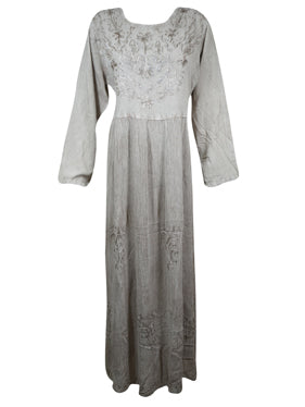Women's Rustic Gray Maxidress, Embroidered Long Maxi Dress L