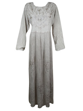 Women's Rustic Gray Medieval Maxidress, Embroidered Long Maxi Dress L