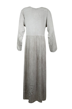 Women's Rustic Gray Maxidress, Embroidered Long Maxi Dress L