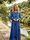 Women’s Rustic Blue Maxi Dress | Vintage Gothic Embroidered Long Boho Maxi Dress  L