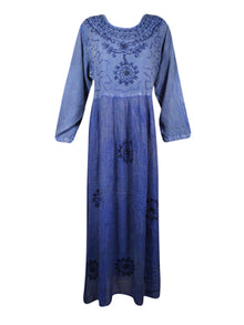  Women's Rustic Blue Maxidress, Vintage Gothic Embroidered Long Maxi Dress L