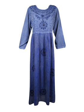 Women's Rustic Blue Medieval Maxidress, Vintage Gothic Embroidered Long Maxi Dress L