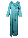 Boho Maxi dress, Free Spirit Hippie Rustic Sea Blue Long Dress Round Neck Maxidress L