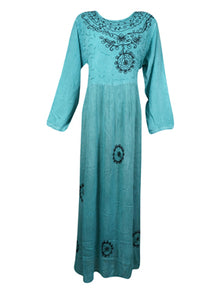  Boho Maxi dress, Free Spirit Hippie Rustic Sea Blue Long Dress Round Neck Maxidress L