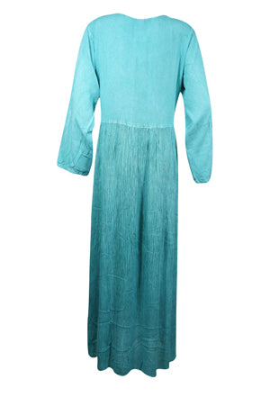 Boho Maxi dress Free Spirit Hippie Rustic Sea Blue Long Dress Round Neck Maxidress L