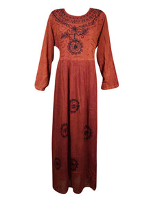  Womens Ren Faire Maxi Dresses, Rustic Red Loose Shift dress, Embroidered Long Dress L