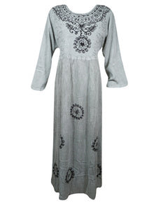  Womens Ren Faire Maxi Dresses, Gray Loose Shift dress, Embroidered Long Dresses L