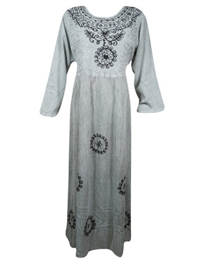 Womens Ren Faire Maxi Dresses, Gray Loose Shift dress, Embroidered Long Dresses L