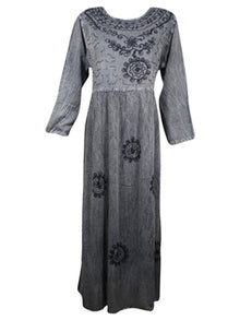  90s Gray Crinkle Rayon Boho Embroidered Maxi Dress, Long Sleeve Ren Fairy Dresses L