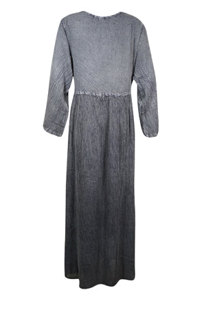90s Gray Crinkle Rayon Boho Embroidered Maxi Dress, Long Sleeve Ren Fairy Dresses L