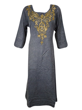 Womens Embroidered Long Maxi Dress, Gray Travel Dress, Gift, Hippy Stylish Dress M