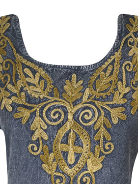 Womens Embroidered Long Maxi Dress, Gray Travel Dress, Gift, Hippy Stylish Dress M