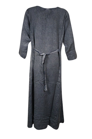 Womens Embroidered Long Maxi Dress, Gray Travel Dress, Gift, Hippy Stylish Dress M