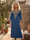 Vintage Gothic Embroidered Maxi Dress – Orchid Blue Retro Boho Long Dress for Women M