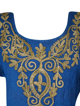 Vintage Gothic Retro Embroidered Dress, Orchid Blue Boho Maxi Dresses M