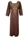 Boho Maxi dress Hippie Rustic Brown Long Dress Round Neck Maxidress M