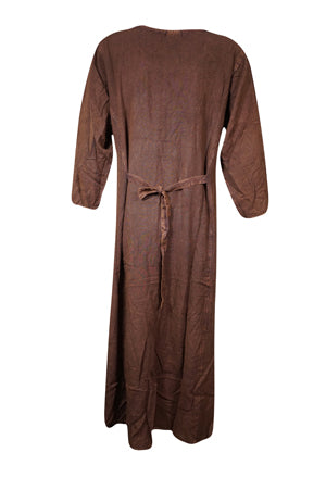Boho Maxi dress, Free Spirit Hippie Rustic Brown Long Dress Round Neck Maxidress M