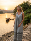 Women’s Gray Embroidered Maxi Sundress – Boho Beach Lounger Dress  L