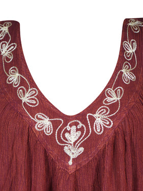 Vintage Hippie Boho Brown Dress, Embroidered Bohemian Comfy Long Dresses L