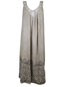  Women's Maxi Sundress, Beige Embroidered Beach Bohemian Maxi Dresses L