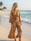 Peach Printed Palazzo Pant Set – Wide Leg Pants & Bell Sleeve Tie Top | Boho 2 Piece S/M