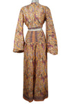 Wide Leg Palazzo Pant with Bell Sleeve Tie Top, Peach Printed 2 Piece Pant+ Top Outfit, Matching Set S/M