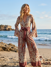 Red & White Boho Palazzo Pant Set – Recycled Silk Wide Leg Pants & Bell Sleeve Tie Top S/M
