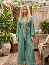 Sea Blue Printed Palazzo Pant Set – Butter Silk Wide Leg Pants & Bell Sleeve Tie Top S/M