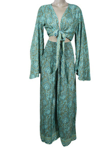  Women Palazzo Pant with Bell Sleeve Tie Top, Sea Blue Print Butter Silk 2 Piece Outfit S/M