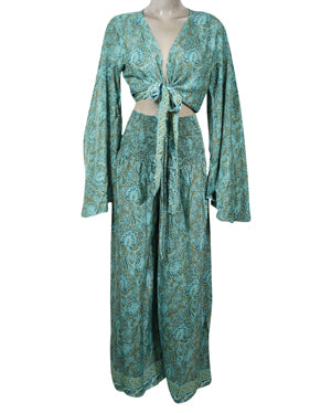 Women Palazzo Pant with Bell Sleeve Tie Top, Sea Blue Print Butter Silk 2 Piece Outfit S/M