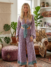 Pink Printed Boho Pant Set – Smocked Waist Wide Leg Pants & Bell Sleeve Tie Top