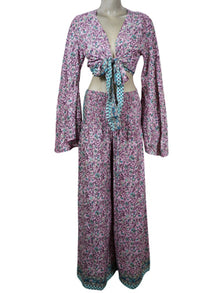  Wide Smocked waist pants Pant with Bell Sleeve Tie Top, Pink Printed 2 Piece Pant+ Top Outfit S/M