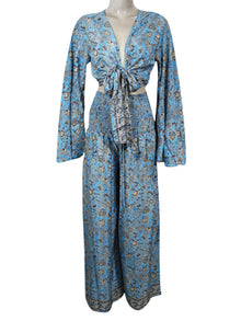  70s Bohemian Palazzo Pant Blue Floral Print Bell Sleeve Tie Top, Matching Set S/M