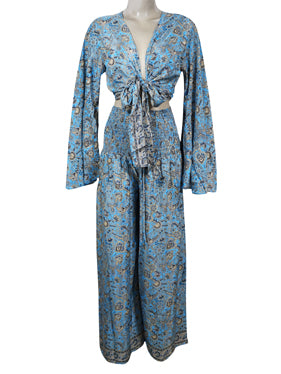 70s smocked waist Pant with Blue Floral Print Bell Sleeve Tie Top, Matching Set S/M