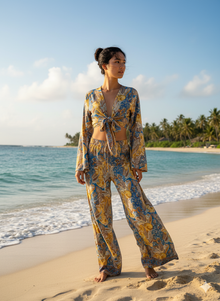  Multicolor Palazzo Pant with Bell Sleeve Tie Top, Butter Silk, 2 Piece Outfit, Matching Set,