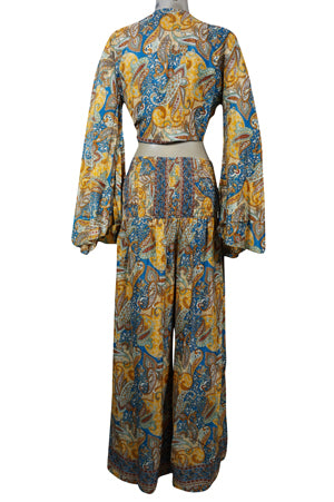 Multicolor Palazzo Pant with Bell Sleeve Tie Top, Butter Silk, 2 Piece Outfit, Matching Set, S/M
