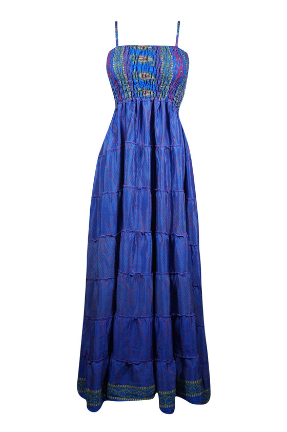 Women’s Blue Strappy Maxi Dress – Long Flowy Beach Summer Dress S/M