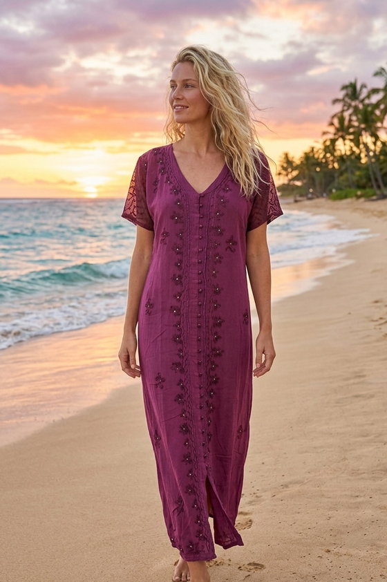 magenta summer dress Maxi Dresses, Magenta Pink Embroidered Summer Housedress L/XL