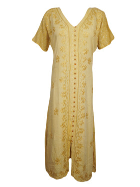 Womens Maxi Dresses Beige Boho Embroidered Travel Dress L