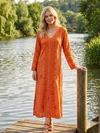 Women’s Orange Hand Embroidered Maxi Dress | Boho Travel Dress Gift  L