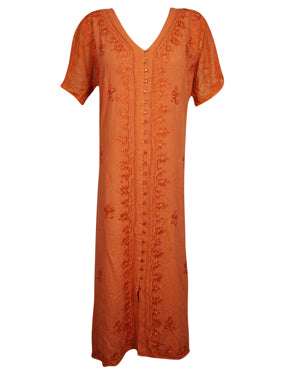 Womens Maxi Dresses Orange Hand Embroidered Travel Maxi Dress, Gift L