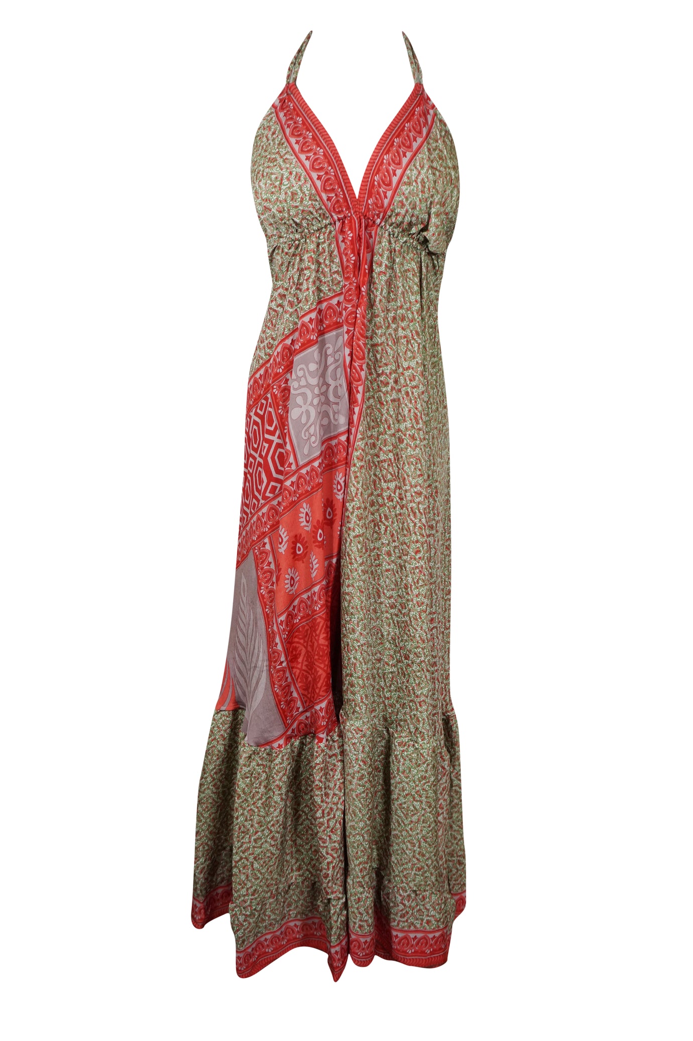 Women's Upcycled Silk Maxi Dress – Red & Green Bohemian Strap Beach Cover-Up