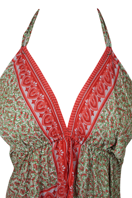 Women's Upcycled Silk Maxi Dress – Red Green Bohemian Strap Dress Beach Cover-Up M/L