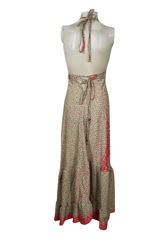 Women's Upcycled Silk Maxi Dress – Red Green Bohemian Strap Dress Beach Cover-Up M/L