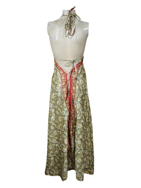 Womens Boho Maxi Dress, Gray Floral Strapdress, Recycle Silk Handmade Dresses S/M