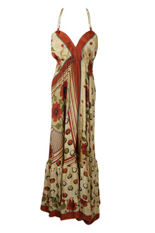  Women’s Upcycled Silk Maxi Dress – Beige & Orange Floral Boho Strappy Beach Cover-Up M/L