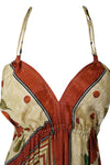 Women’s Upcycled Silk Maxi Dress – Beige & Orange Floral Boho Strappy Beach Cover-Up M/L