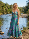 Women's Green Summer Maxi Dress | Flowy Boho Maxi Dress for Beach & Vacation Wear S/M