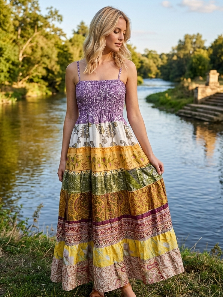 Bohemian Green Recycled Silk Maxi Dress