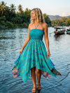 Blue Printed Recycled Silk Boho Beach Halter Dress for Women S/M